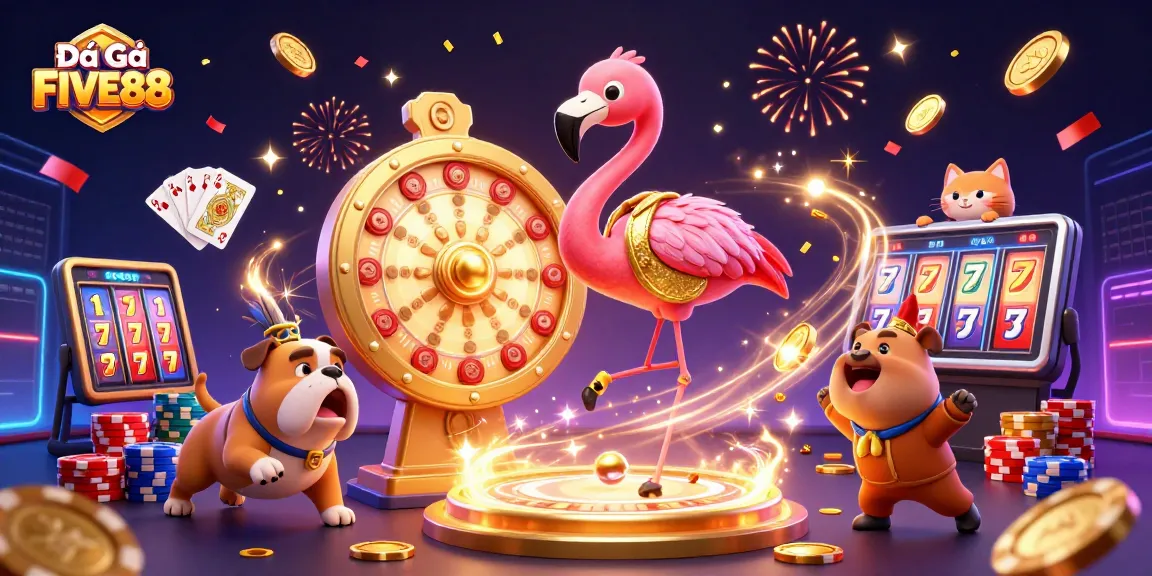 Experience intense Đá Gà FIVE88 action with a vibrant 3D illustration showcasing cockfighting excitement.