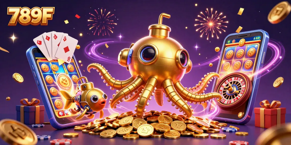 Experience thrilling gameplay with 789F's vibrant slot games amidst a dynamic sea of golden coins.