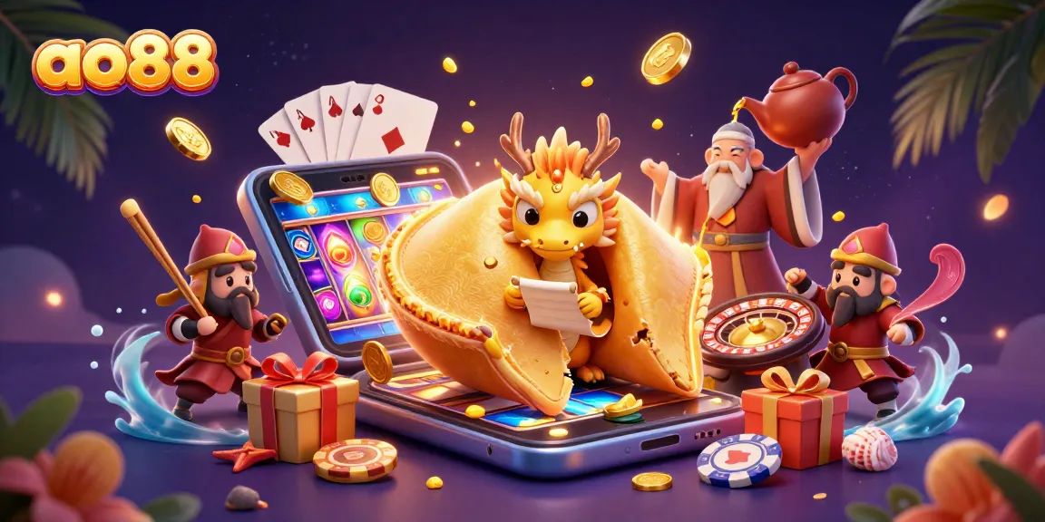 Engage with the vibrant world of ao88, showcasing thrilling casino elements in an imaginative 3D scene.