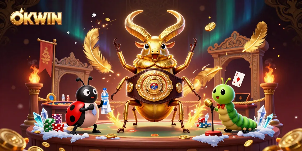 Engage in thrilling casino battles with OKWIN featuring a giant stag beetle champion and vibrant gaming elements.