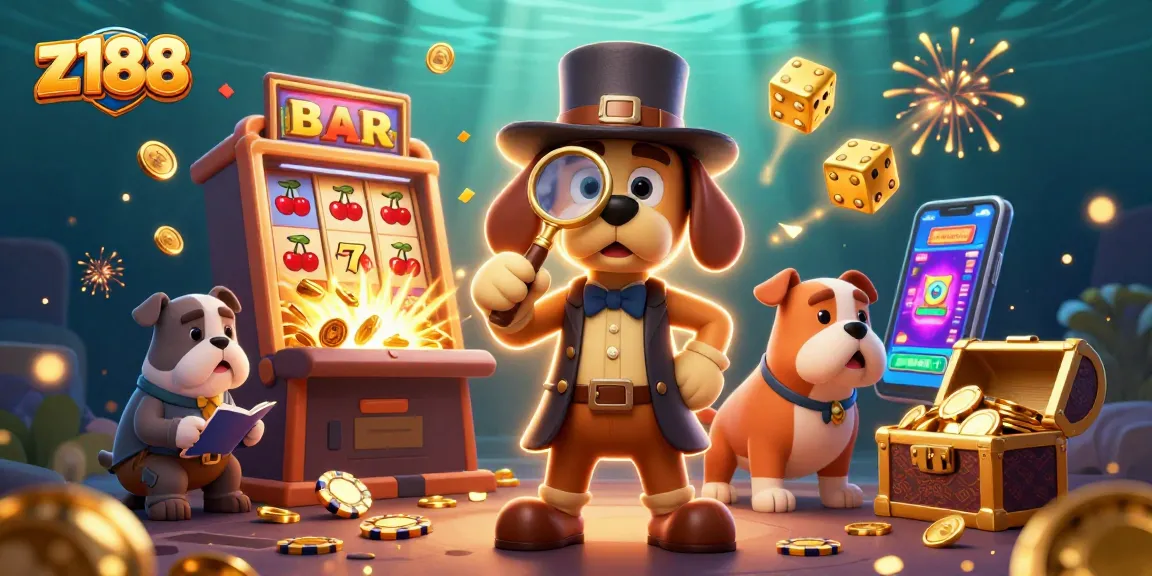 Uncover thrilling treasures on z188 with a detective and a bulldog in an exciting casino scene.