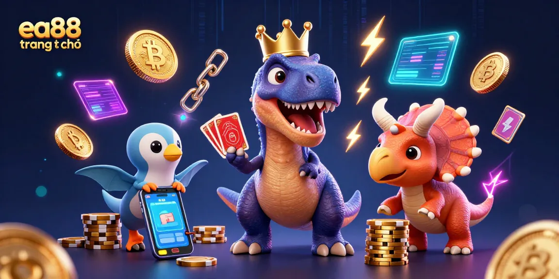 Engage with EA88 trang chủ as a T-Rex shuffles cards, surrounded by vibrant crypto gaming elements.