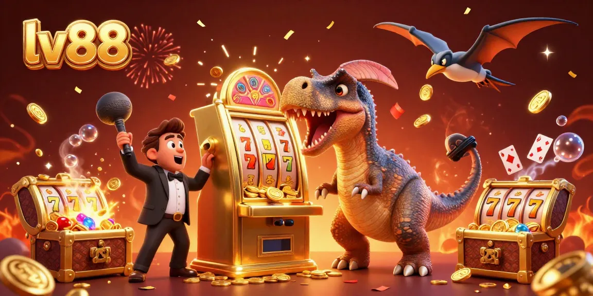 lv88 slots and jackpots come alive as a pachycephalosaurus celebrates big wins in a dynamic casino scene!