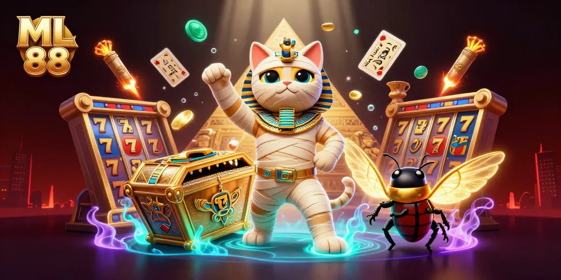 Engage with ML 88 while experiencing immersive gaming through the dynamic scene of a cartoon Egyptian mummy cat and glowing scarab.