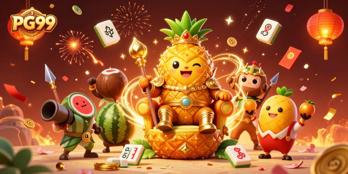 Play exciting games at PG99 with vibrant 3D casino illustration, showcasing royal characters and festive elements.