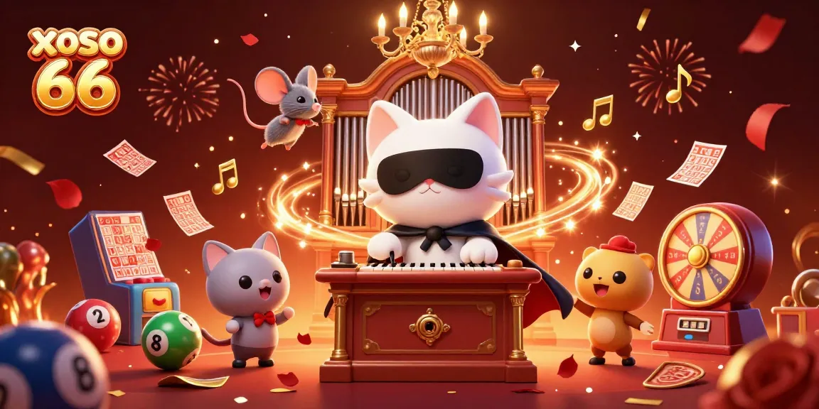 Win big with xoso 66 as a cat in a mask plays the organ amid lottery elements and vibrant celebration.
