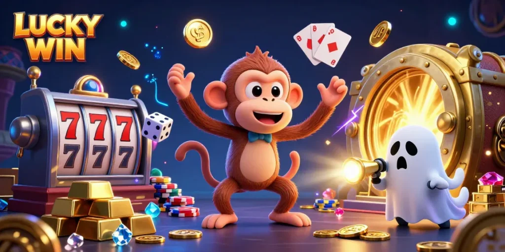 Experience the thrill of LUCKY WIN with a mischievous monkey juggling golden coins and a curious puppy tracking in a haunted casino.