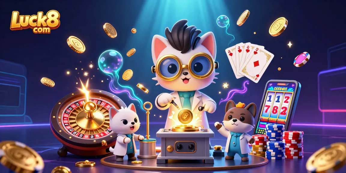 Spin and win at Luck8 com with 3D casino elements, mad scientist cat, and golden coins cascading.