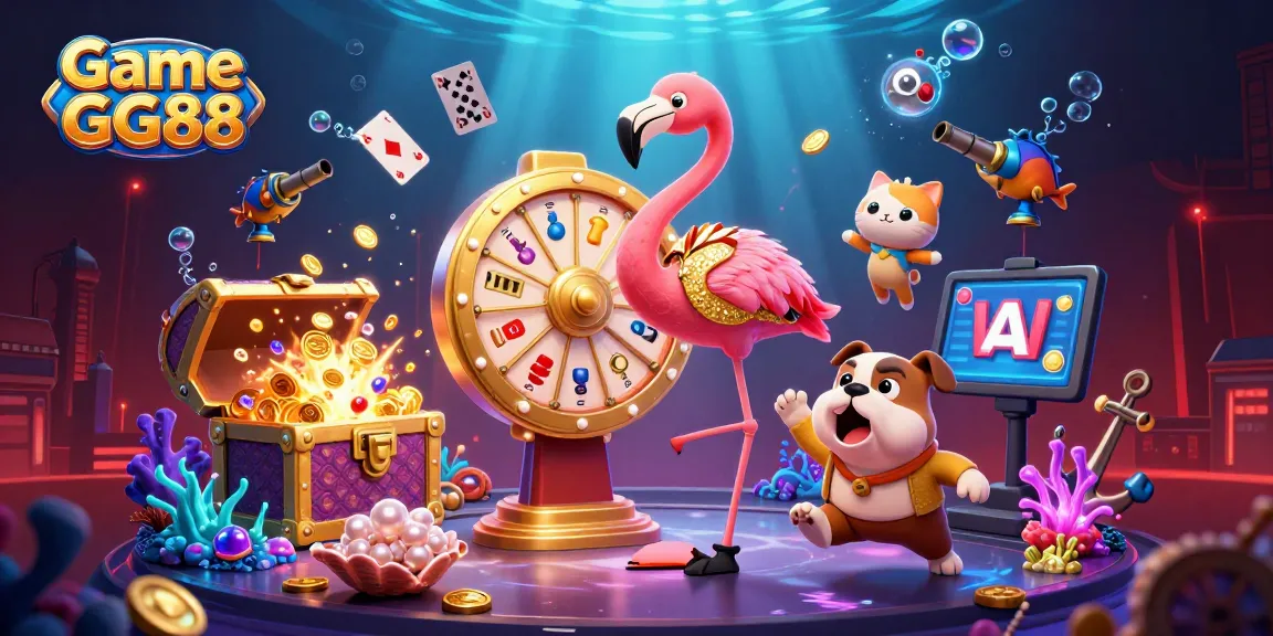 Engage in Game GG88 with an exciting scene featuring a game show host flamingo, bulldog contestant, and scoreboard cat.