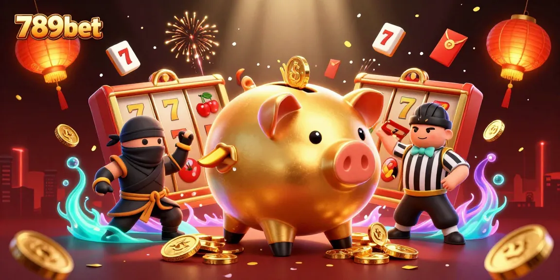 Engage with 789bet's vibrant online casino action featuring golden piggy bank sumo, ninja, and samurai.
