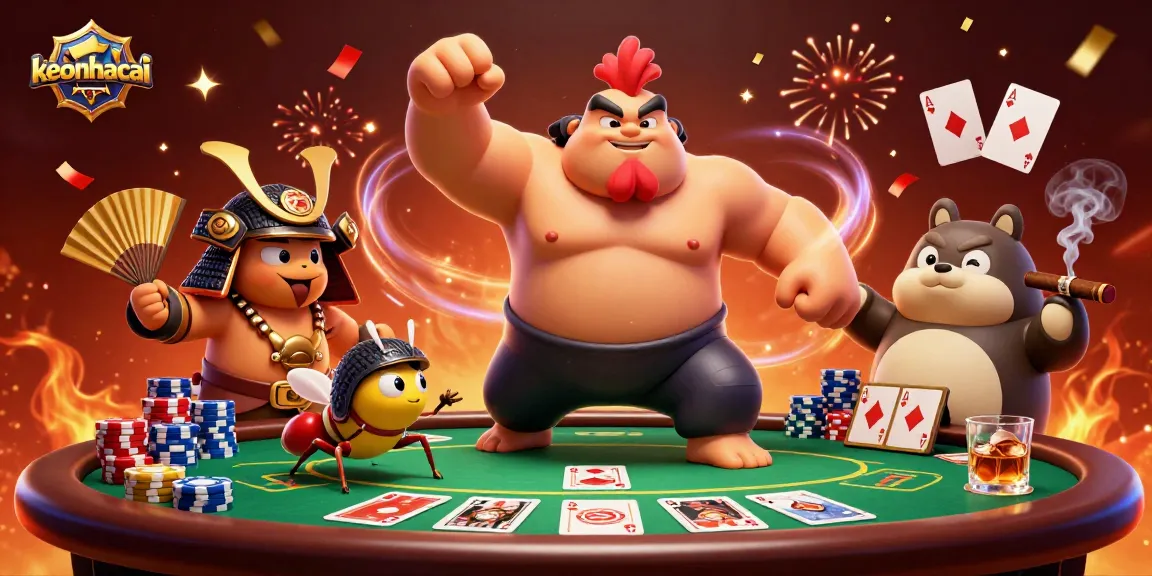 Engage with the vibrant keonhacai scene showcasing a sumo rooster, samurai cricket, and tanuki announcer at a poker table.