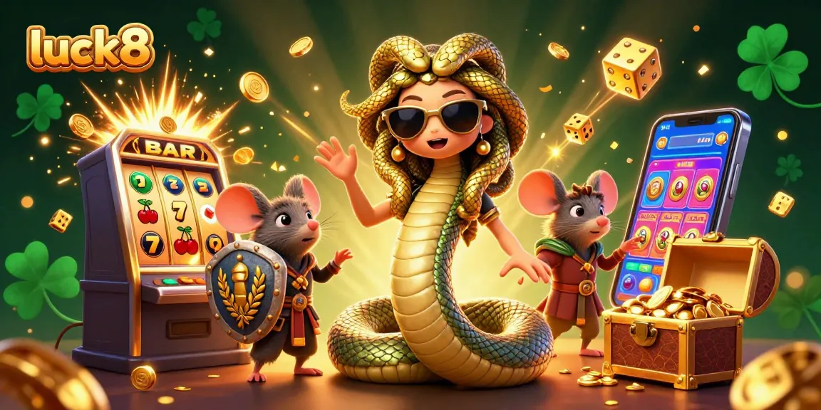 Join the fun with luck8 as a Medusa snake-lady and a warrior mouse in a vibrant casino scene.