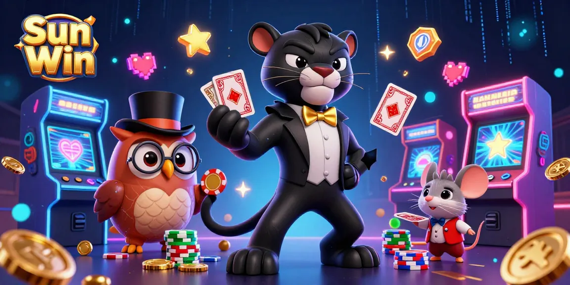 Experience thrilling gaming at Sun Win with a vibrant casino scene featuring characters dealing cards and managing chips.