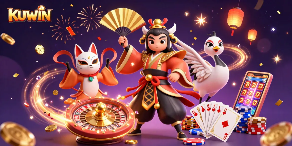 Kuwin brings excitement with a thrilling 3D casino scene featuring a kabuki warrior and dynamic game elements.