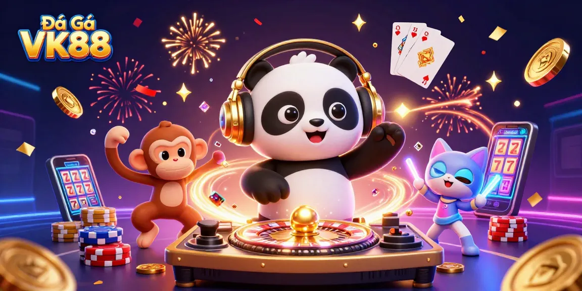 Experience the thrill of Đá Gà VK88 with an electrifying 3D illustration of casino gaming elements.