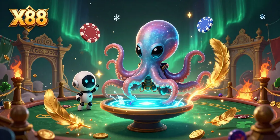 X88 alien octopus controls a holographic poker table, showcasing vivid casino elements and dynamic action