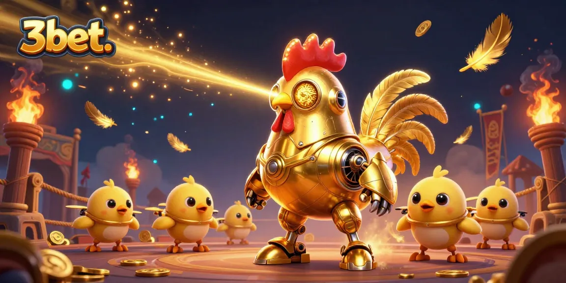 Experience thrilling action at 3bet. with a golden rooster robot leading baby chick drones in an epic gambling arena.