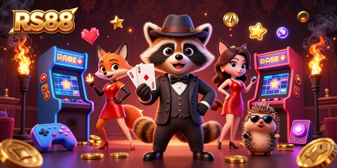 RS88 showcases a suave raccoon, a fox lady, and a bouncer in 3D casino action amidst vibrant gaming elements.