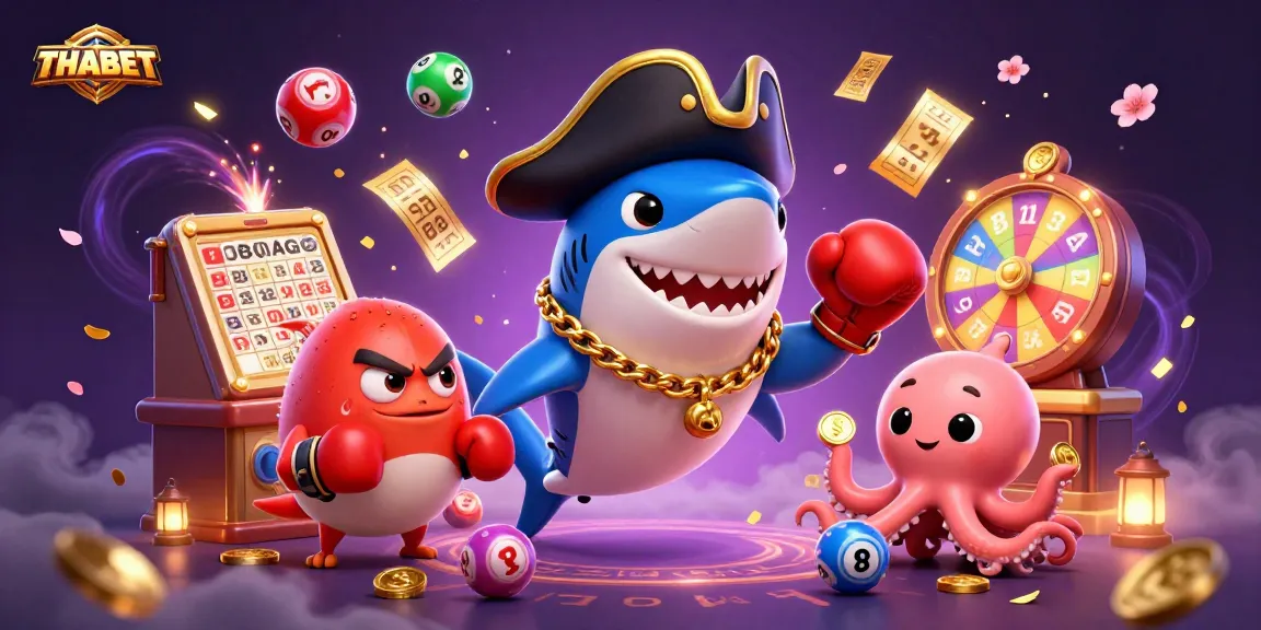 Engage with THABET's vibrant gaming scene featuring a cartoon shark, pufferfish, and octopus celebrating lottery winnings.
