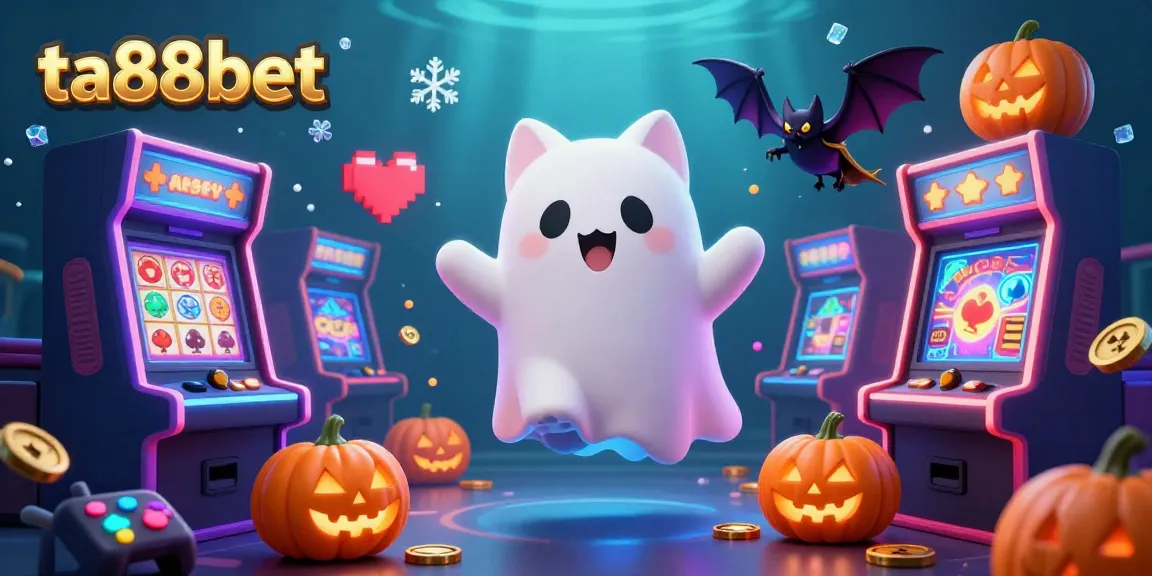 Engage with ta88bet's lively casino scene featuring a friendly ghost cat and a vampire bat, surrounded by animated gaming elements.