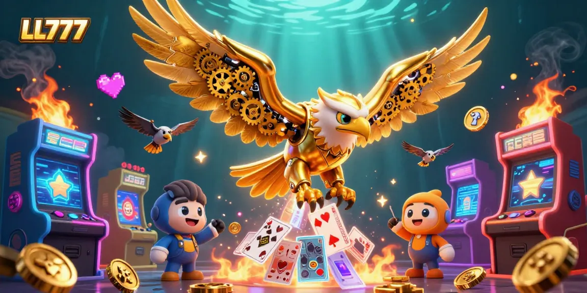 LL777 showcases thrilling games with a golden eagle soaring through holographic cards