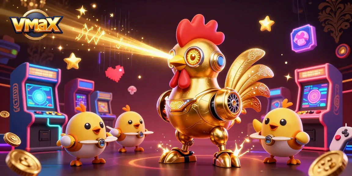 Experience exciting gaming adventures at vmax with a vibrant illustration featuring a futuristic rooster and baby chick drones.