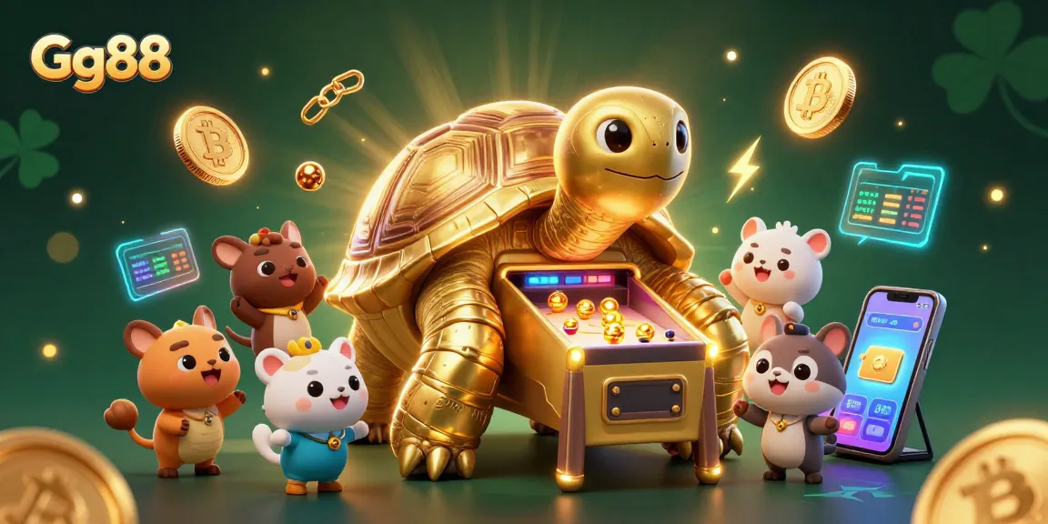 Experience thrilling gaming at Gg88 with the colossal tortoise pinball machine amidst glowing crypto elements.