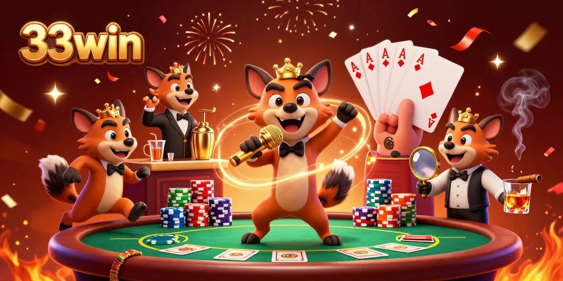 33win hyenas bring laughter and fun in a vibrant casino scene, showcasing poker action.