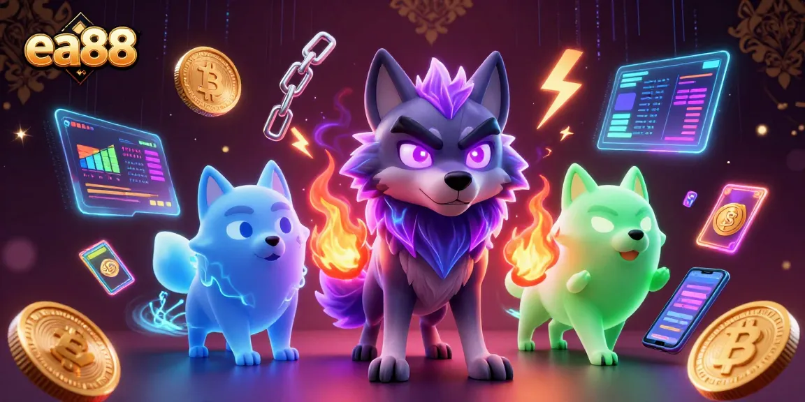 ea88 showcases an immersive casino experience with animated wolf characters and crypto elements.