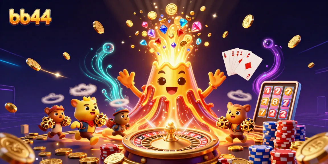 Experience gaming excitement with bb44's vibrant casino scene featuring a golden volcano, coins, and treasures.