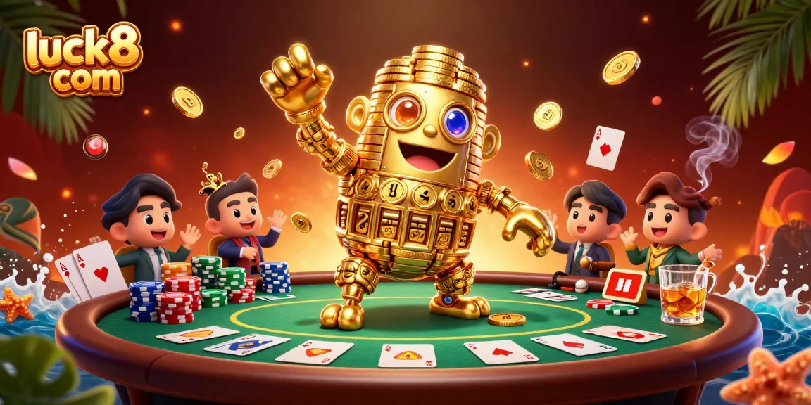 Experience excitement at luck8 com with a dynamic illustration of a golden golem amidst high-stakes casino action.