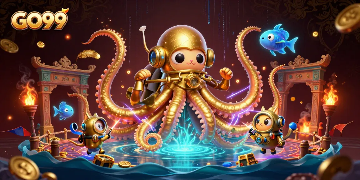 Capture thrilling moments at GO99 with a colossal kraken and a diving cat in a vibrant underwater scene.