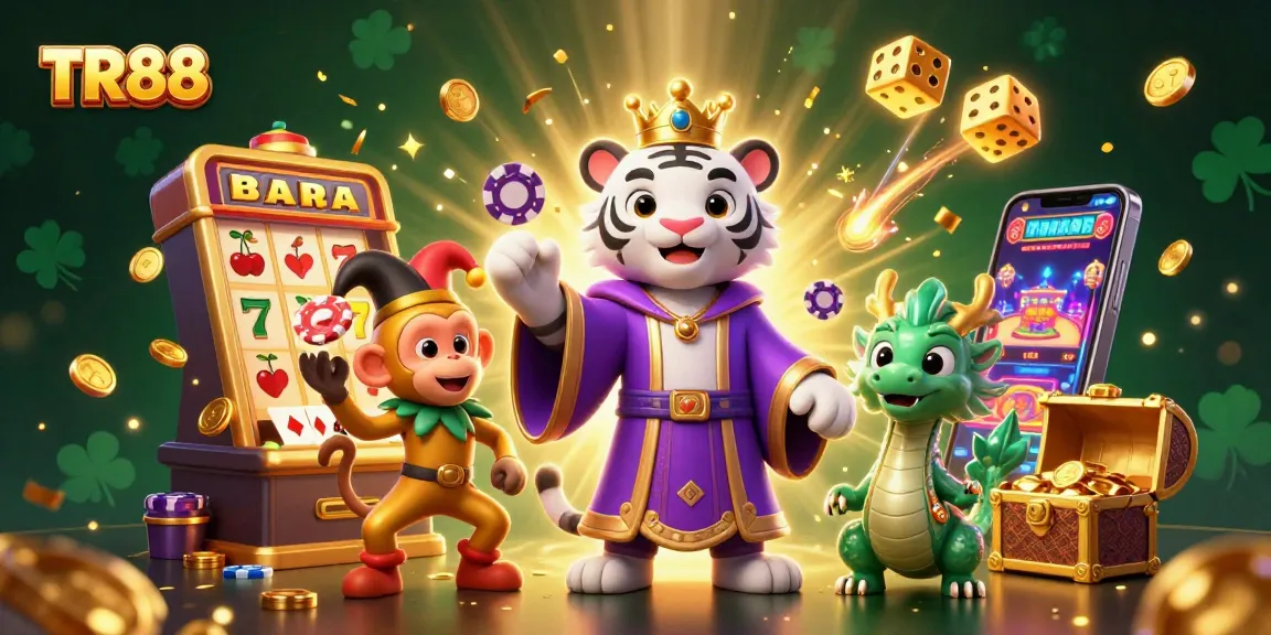 Engage with TR88's vibrant jackpot scene featuring a majestic tiger, playful monkey, and dynamic gaming elements.