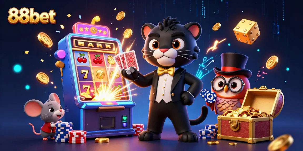 88bet's stylish panther dealer showcases poker chips in a colorful casino scene filled with excitement.