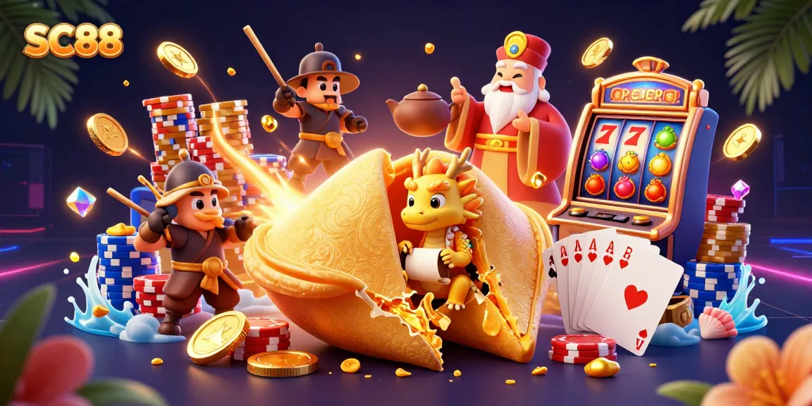 SC88 characters reveal a fortune within a golden cookie amidst a vibrant casino scene.