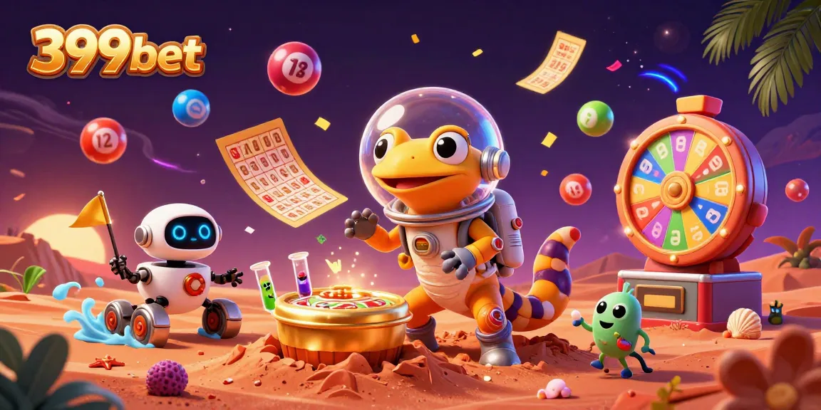 Immerse in the vibrant world of 399bet with a Martian gecko exploring a golden casino.