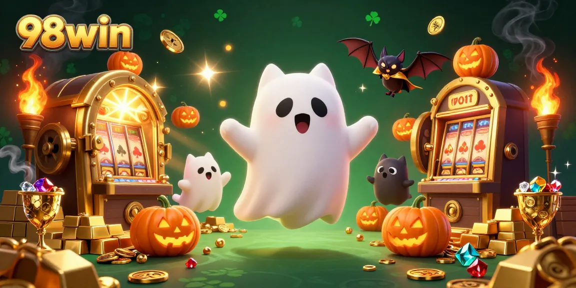 Win big with 98win in a vibrant haunted casino atmosphere, where the playful ghost cat interacts with jackpots and treasures.