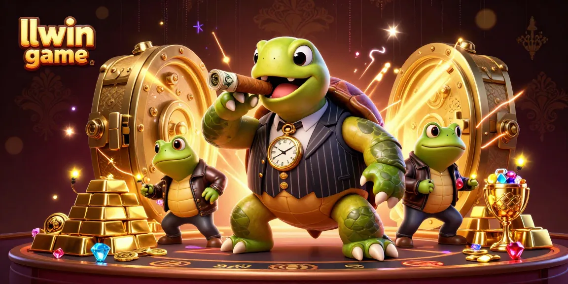 Engage in thrilling llwin game action with a unique casino-themed 3D illustration featuring playful characters and vibrant treasures.