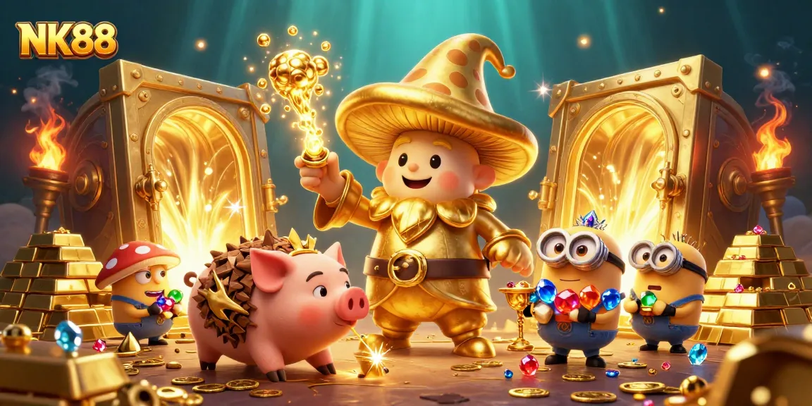 Experience the vibrant magic of NK88 as it reveals golden treasures and gemstones in a casino adventure.