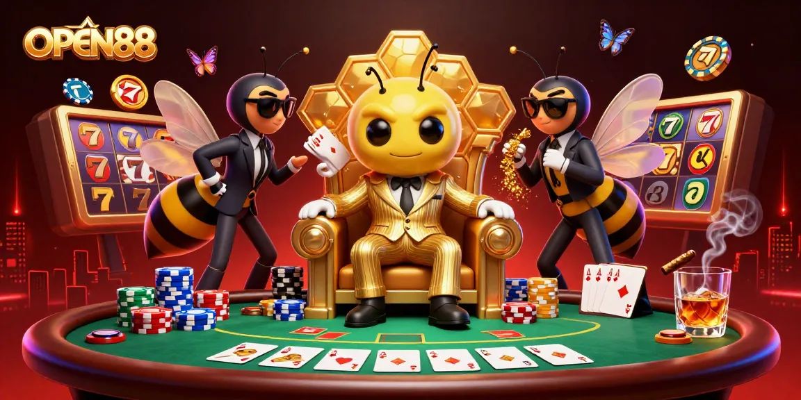 Experience the excitement of OPEN88 as a 3D bumblebee mob boss takes charge at a lively poker scene.