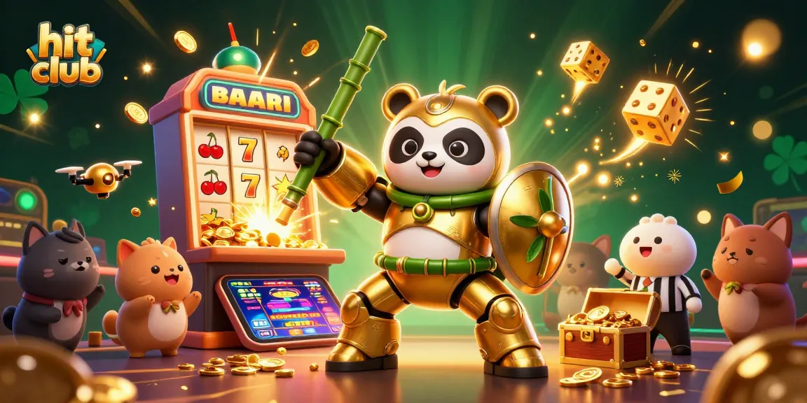 Hit club showcases a colorful casino scene with gold panda, slot machines, and lively spectators.
