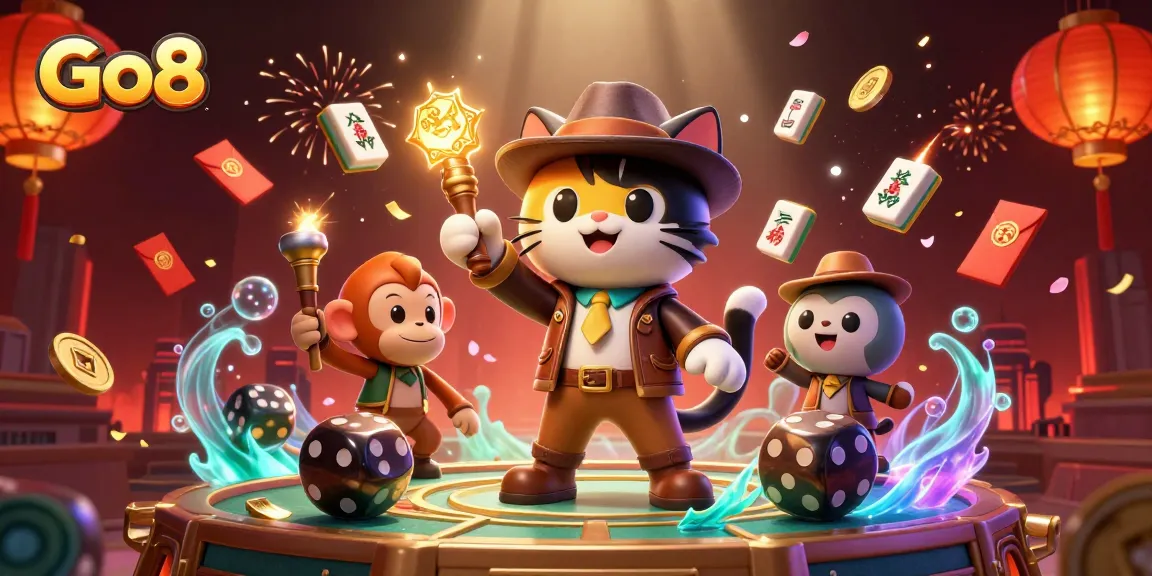Go8 showcases thrilling casino adventures as a cat and monkey uncover treasures amidst vibrant games and decorations.