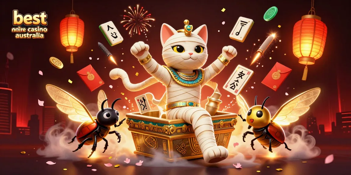 Experience the thrill of the best new online casino Australia with this lively 3D scene featuring a mummy cat and golden elements.