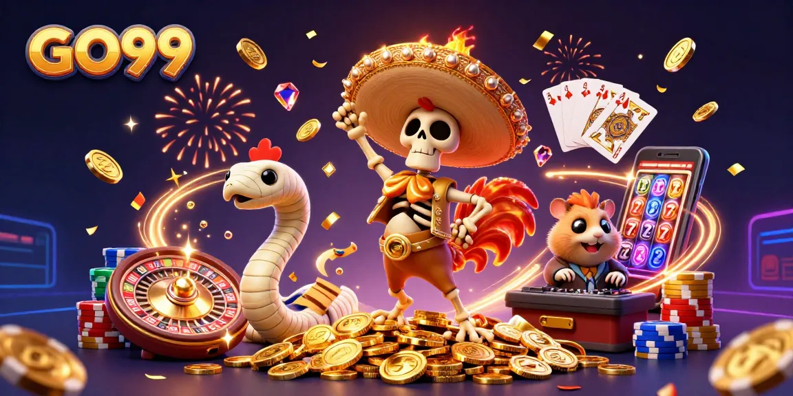 Celebrate wins at GO99 with a vibrant casino scene featuring golden coins and dynamic game elements.