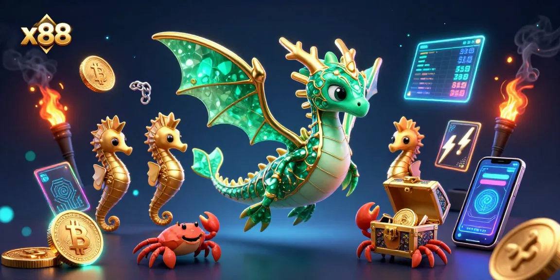 x88 brings excitement to crypto casinos with animated sea dragon, vibrant coins, and gaming elements.